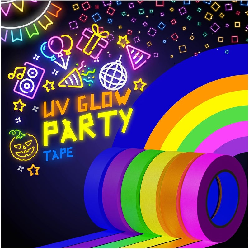 Dexam 6-Pack Neon Gaffer Tape - 0.6 or 1 inch UV Blacklight Reactive Glow in The Dark Tape, Best for Parties, Dance Floors, Theaters & DIY Projects - 6 Vibrant Colors - Image 5